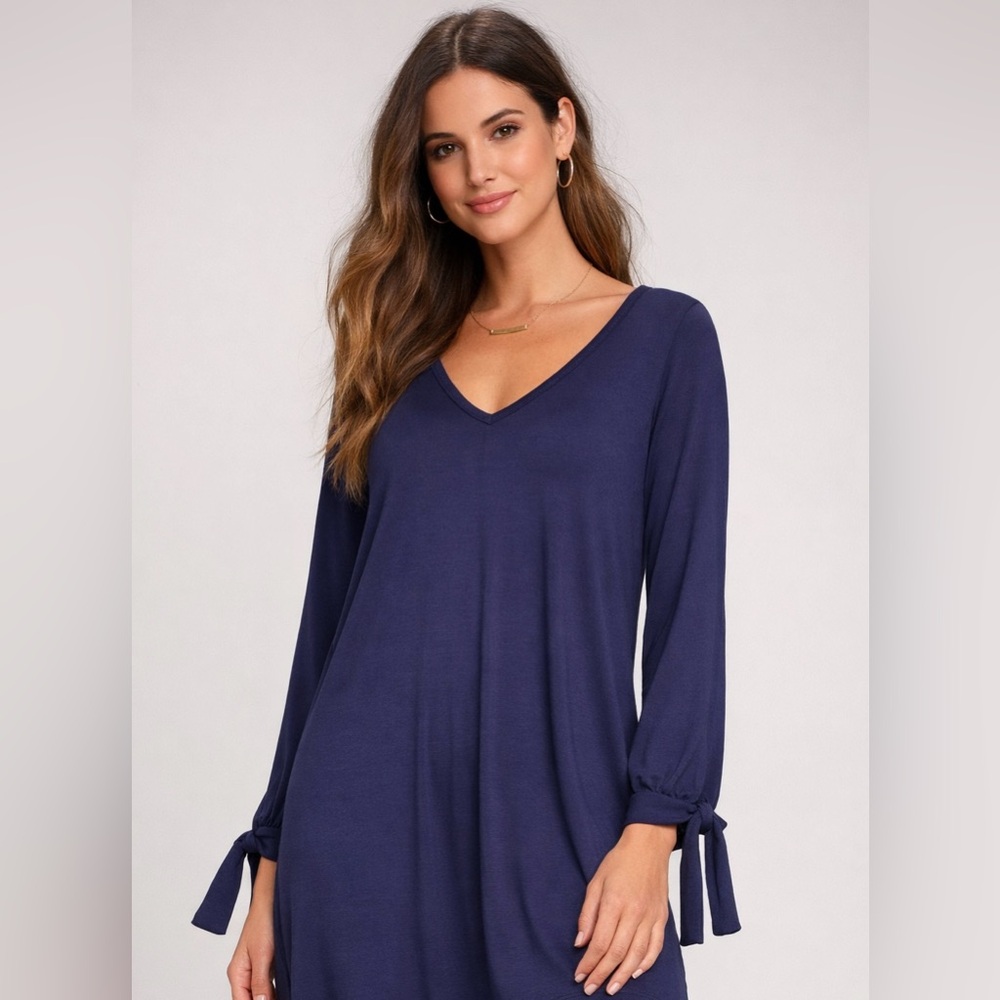 Lulus Navy V-Neck Tie Sleeve Tunic Dress NWT Women’s Size L Flowy Modal Stretch